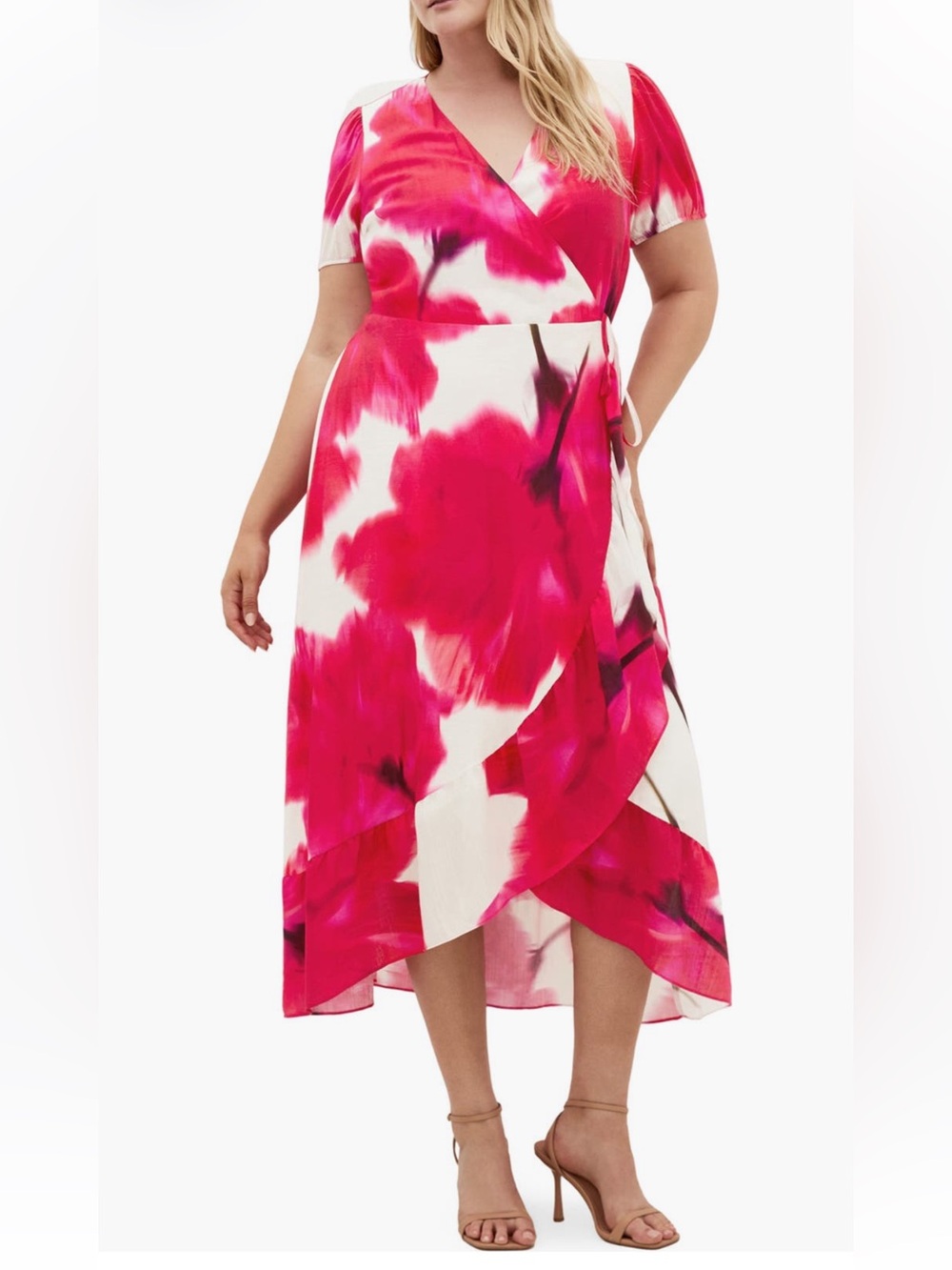 City Chic Abstract Wrap Midi Dress in Pink & White 2XL